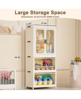 Portable Wardrobe Closet Storage Organizer,Clothes Dresser,Magnetic Doors with 4 Cubes & Hanging Rod