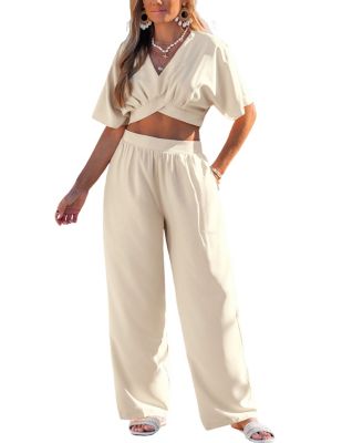 Women's Short Sleeve Crop Top & Wide-Leg Pants Matching Set