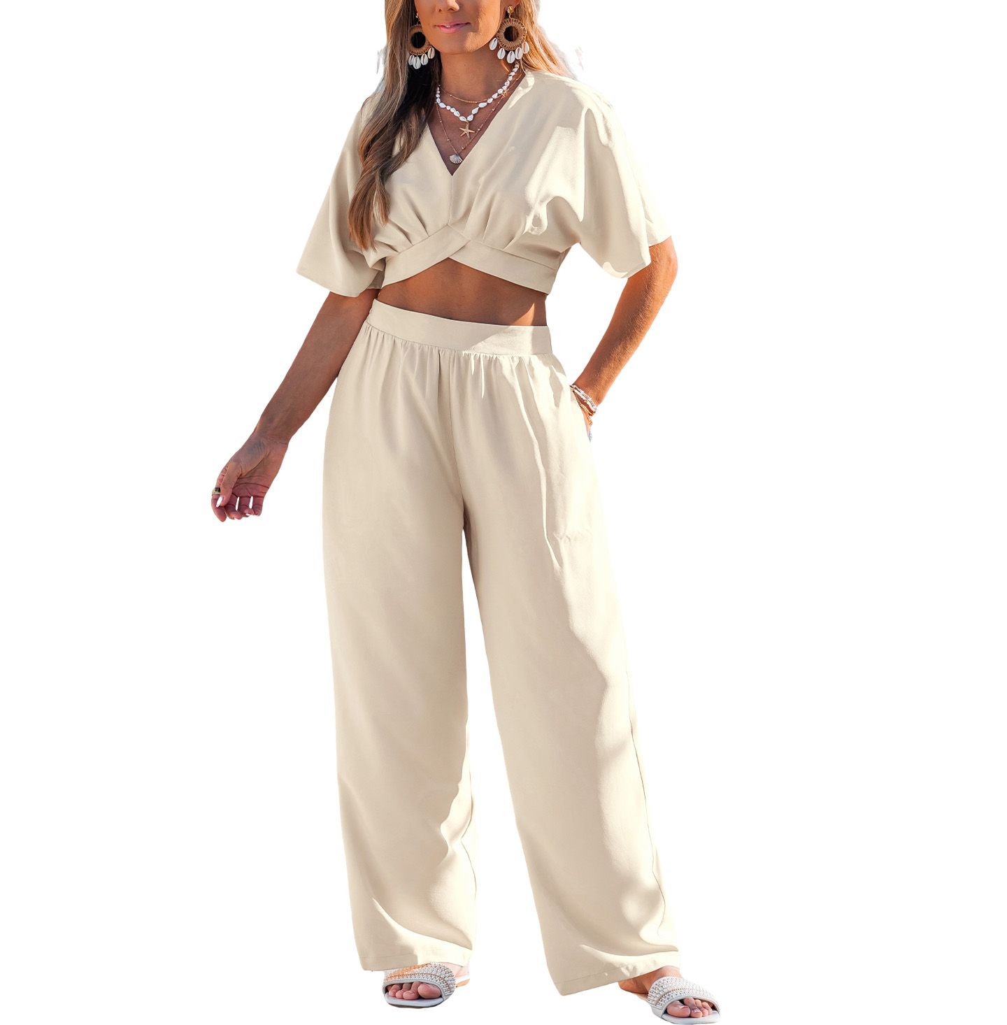 Женские комплекты Cupshe Short Sleeve Crop Top & Wide-Leg Pants Matching Set, цвет: Бежевый / Хаки — фото 1