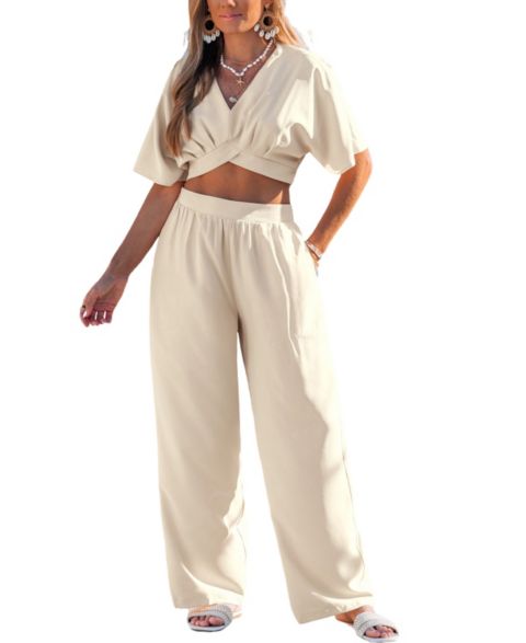 Женские комплекты Cupshe Short Sleeve Crop Top & Wide-Leg Pants Matching Set, цвет: Бежевый / Хаки