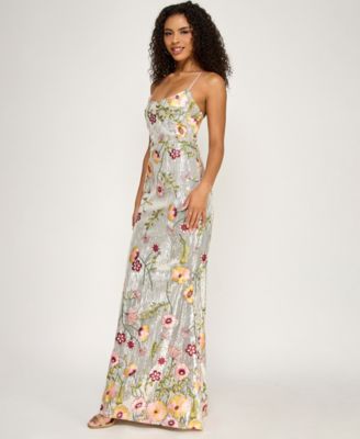 Juniors' V-Neck Floral Embroidered Sequin Maxi Dress