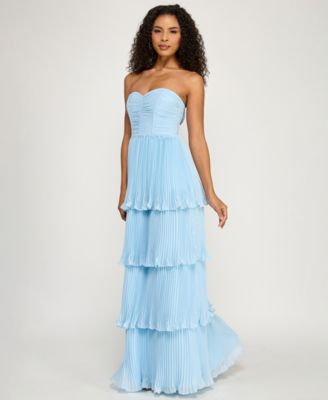 Juniors' Pleated Tiered Strapless Gown
