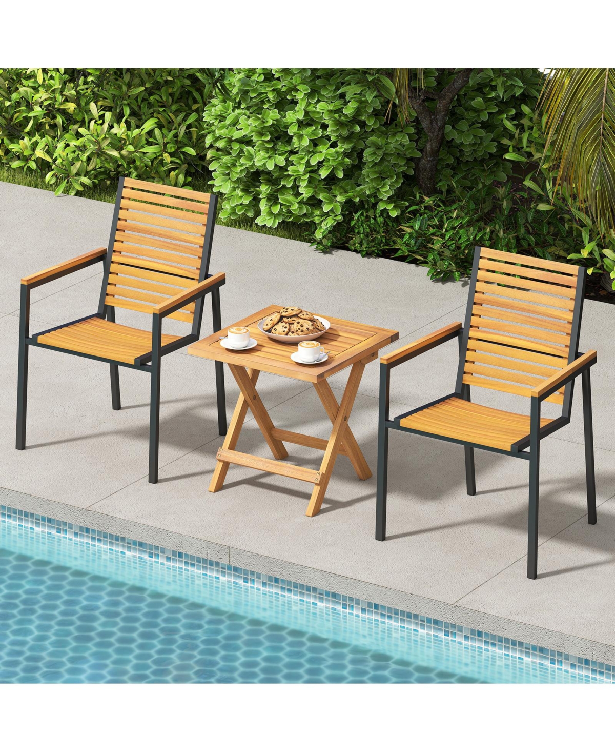 Gymax 2 Pcs Outdoor Folding Side Table Acacia Wood End Table Square Patio Bistro Table