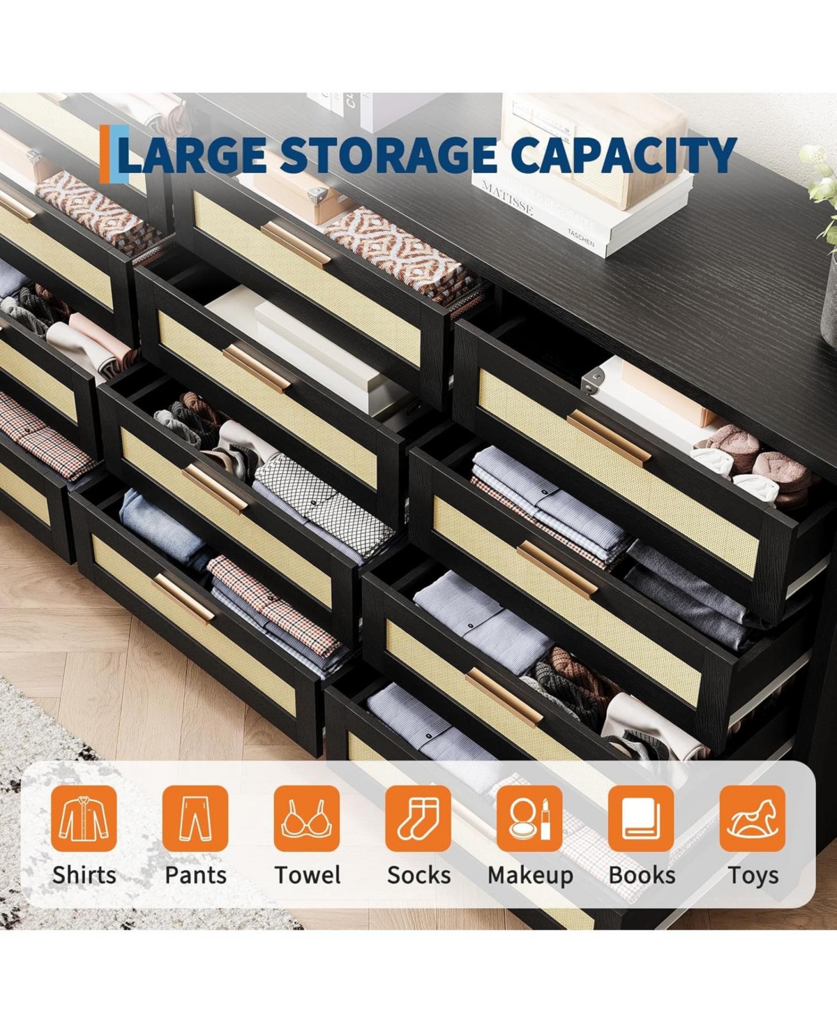 gaomon 12 Drawer Dresser for Bedroom, Modern Rattan Chest of Drawers, Wood Storage Organizer with Panel Drawers and Handles