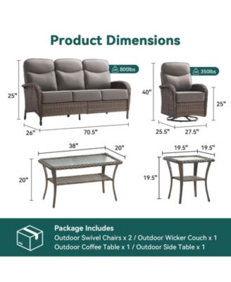 5-Piece Brown Wicker Patio Conversation Set with 6 in. Olefin Cushions/Patio Swivel Chair with Couch