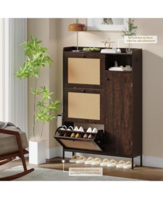 Rattan Narrow Entryway Shoe Cabinet - 3 Flip Drawers with Adjustable Shelves Storage Organizer