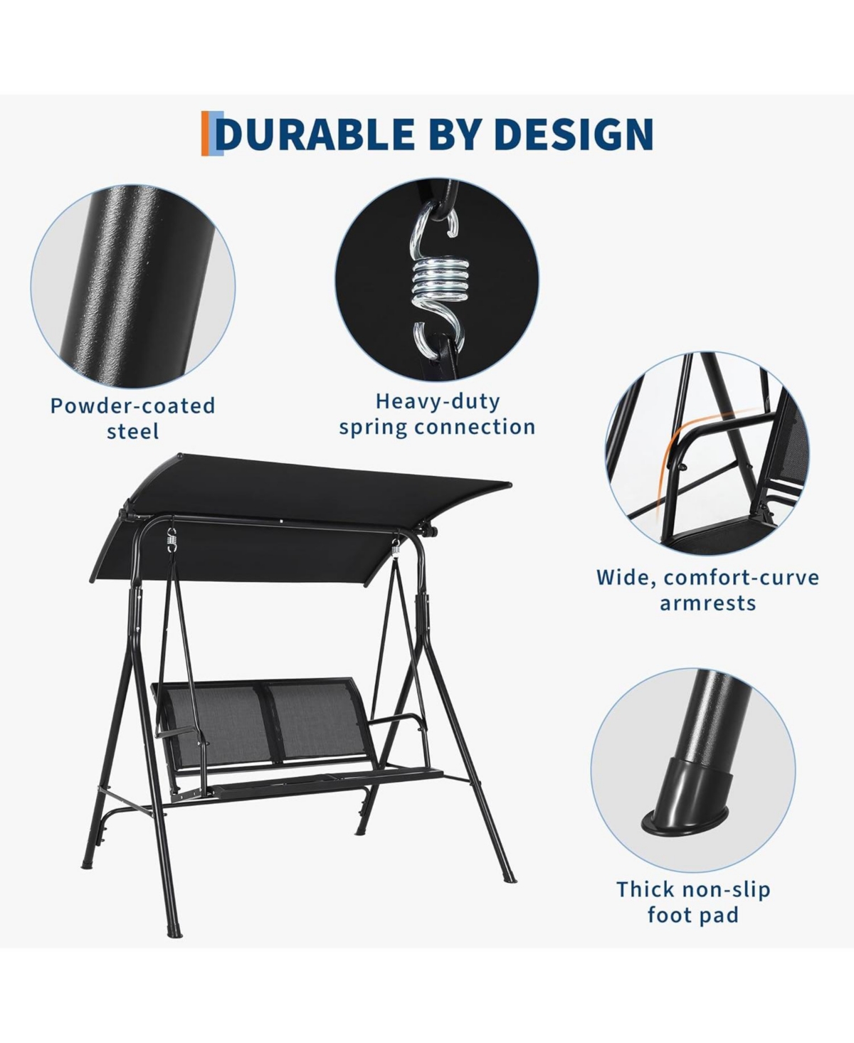 gaomon Porch Swing with Adjustable Canopy for Adults 2-Seat Outdoor Waterproof Textilene & Steel Frame Patio Swing Bench