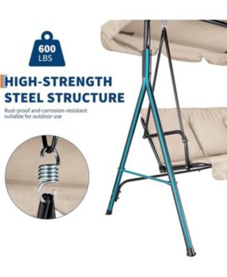 3-Seat Patio Swing Chair with Adjustable Canopy and Thick Waterproof Cushions, Outdoor Steel Frame Porch Swing for Garden, Lawn, Backyard