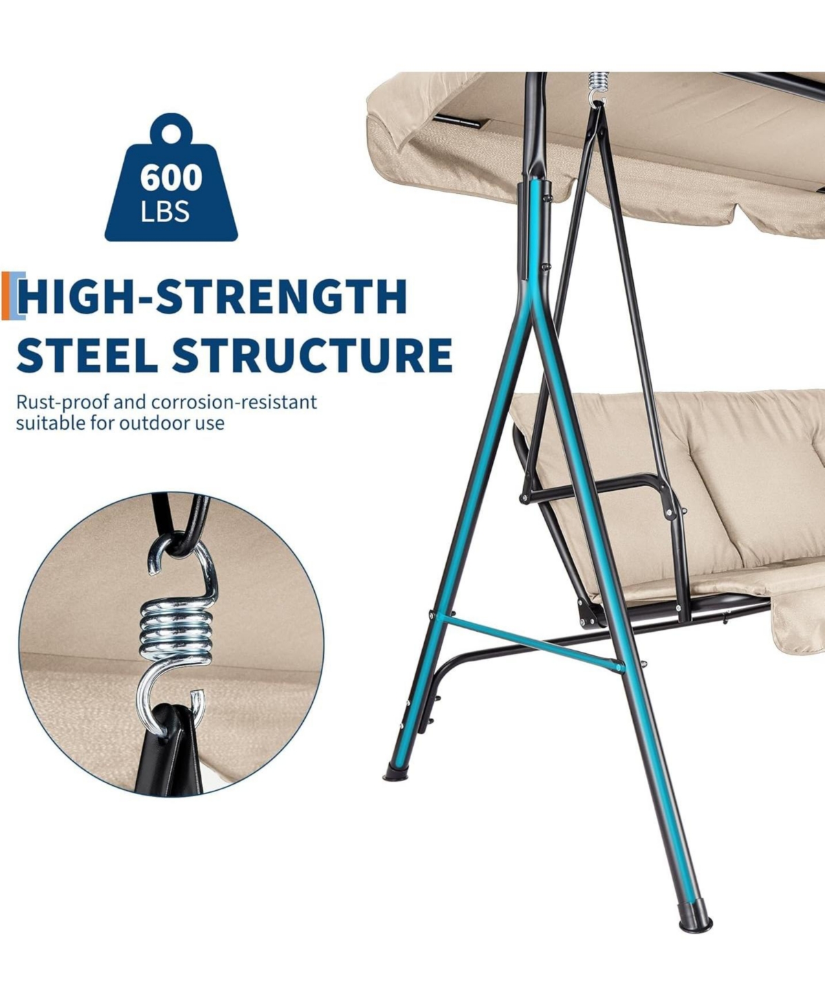 gaomon 3-Seat Patio Swing Chair with Adjustable Canopy and Thick Waterproof Cushions, Outdoor Steel Frame Porch Swing for Garden, Lawn, Backyard