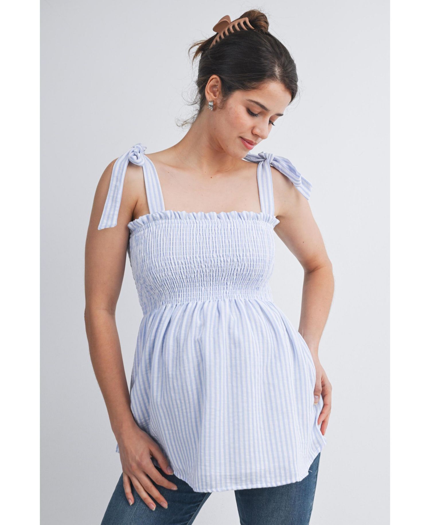 Maternity Striped Smocked Square Neck Tie Strap Top