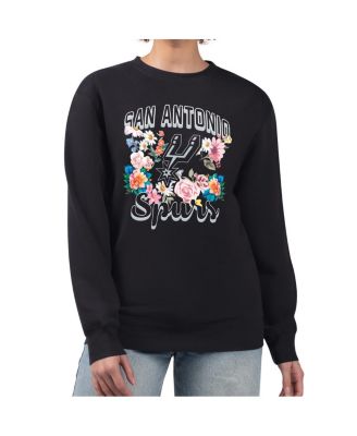 Women's Black San Antonio Spurs Flowers Team Logo Graphic Fleece Crewneck Pullover Sweatshirt