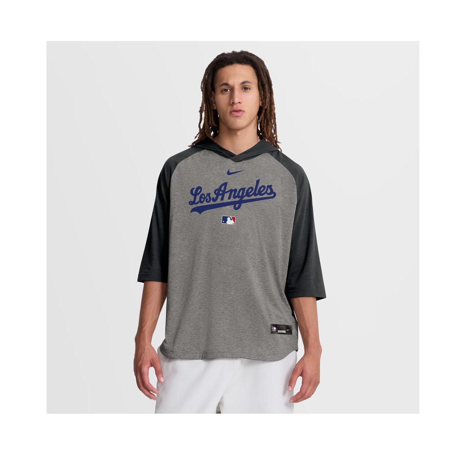 Men's Gray Los Angeles Dodgers Authentic Collection Flux Dri-FIT Raglan 3/4-Sleeve Hooded T-Shirt