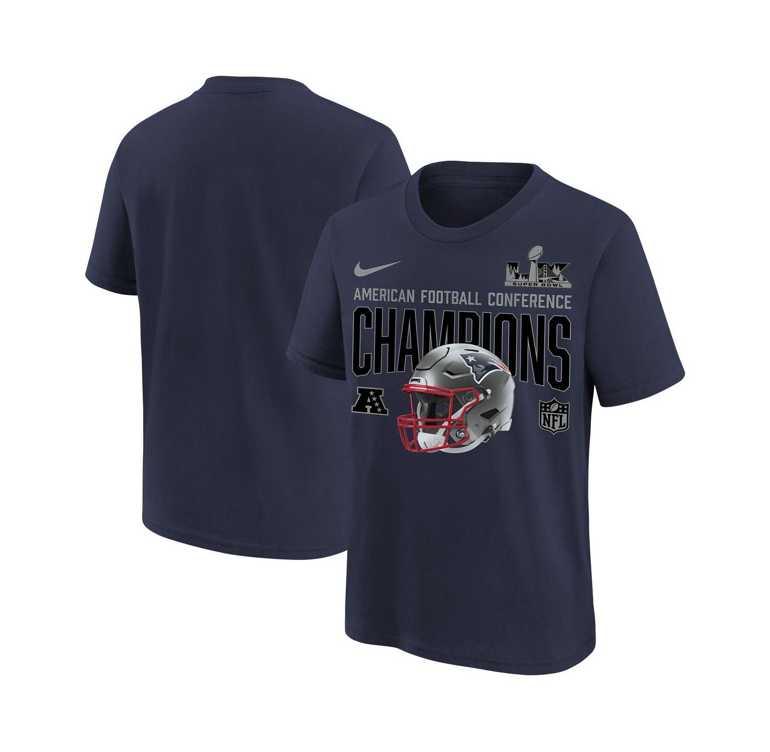 Big Boys and Girls Navy New England Patriots 2025 AFC Champions Glory Shield Helmet T-Shirt