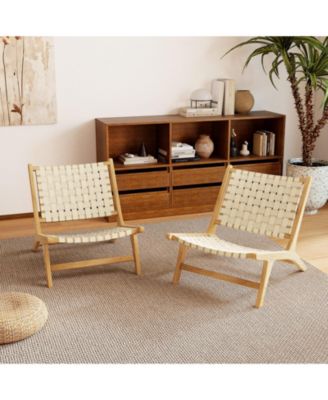Teak Wood Patio Chair w/Webbing Seat & Backrest Mid-century Accent Chair