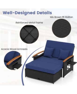 Patio Rattan Daybed Set w/Cushioned Loveseat & Storage Ottoman for Porch Outdoor