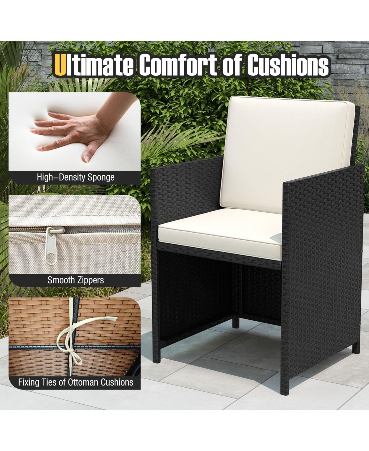 Gymax Set Of 9 Patio Dining Set w/Tempered Glass Table & Ottoman Removable Cushions