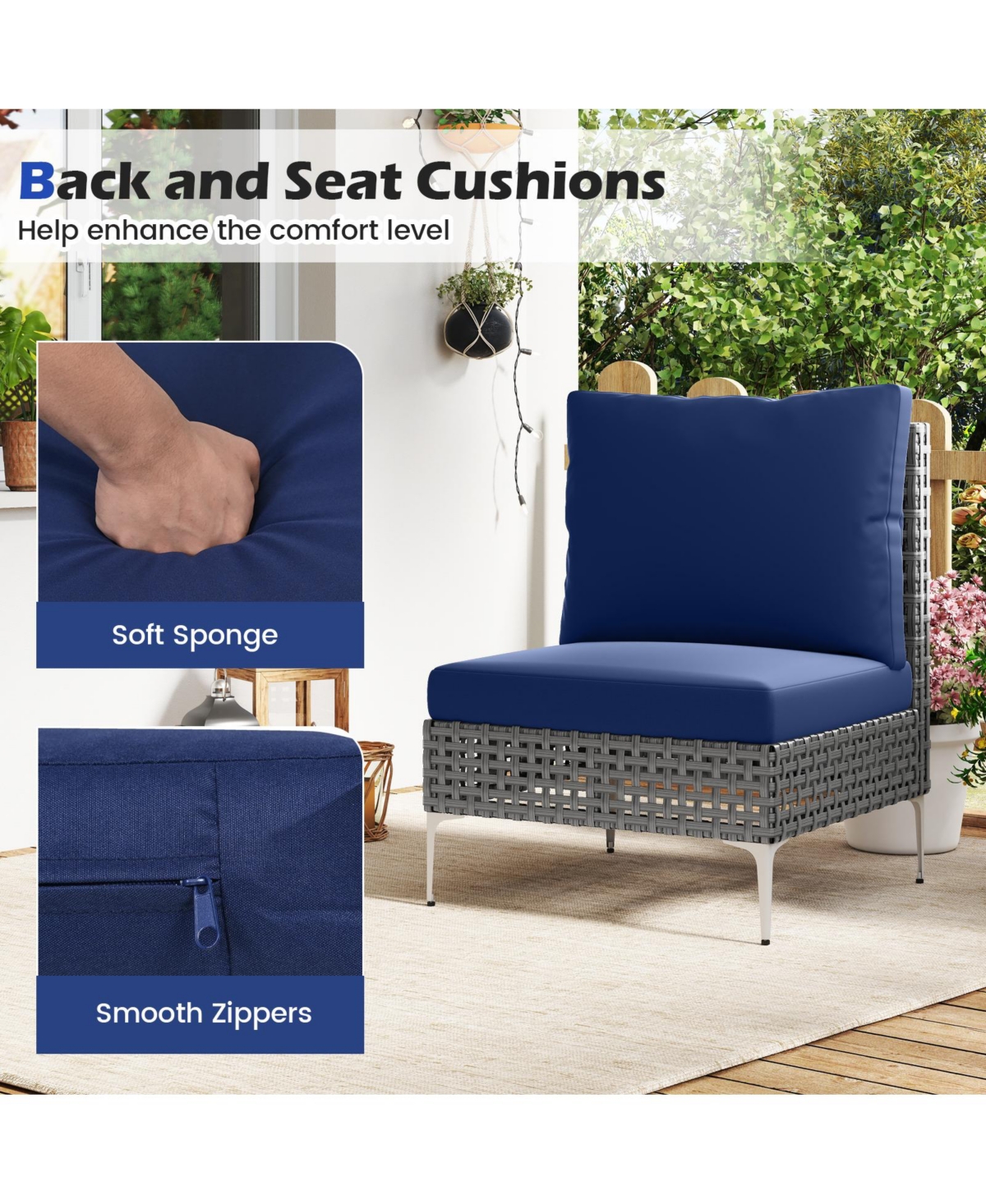 Gymax Set Of 3 Patio Furniture w/ Tempered Glass Coffee Table Soft Back & Seat Cushions