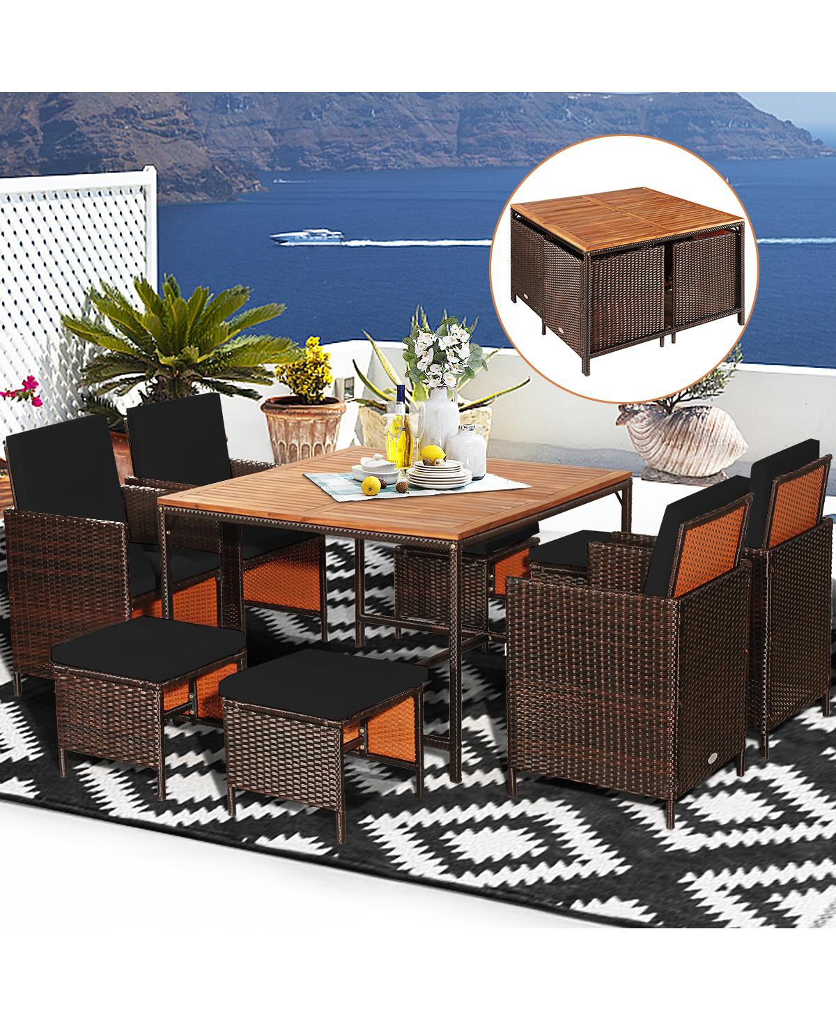 Gymax Set Of 9 Patio Rattan Dining Set Cushioned Chairs Ottoman Wood Table Top