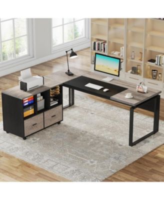 Office Desk with File Cabinet, Computer Executive Desk with Drawer Cabinet Set, L-Shaped