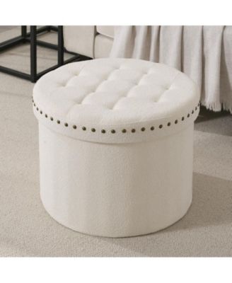 Large 20" Round Collapsible Storage Ottoman with Nailhead Trim