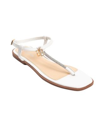 Women's Fashion Sandal with T-Strap Upper, Rhinestones and Dangle Charms