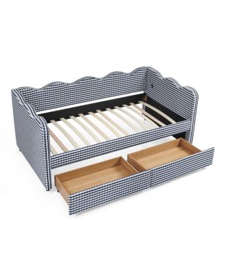 Twin Size Gingham Daybed with Storage Drawers, USB Port & Wave Shape