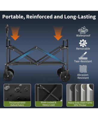 Collapsible Wagon with Wheels, Heavy-Duty 380 Lbs Foldable Utility Cart, 220L Capacity, Adjustable Handle for Grocery & Camping.