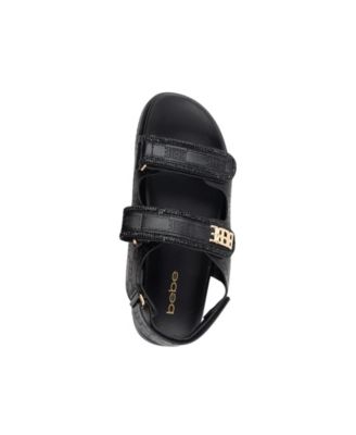 Women's Sandal with Rhinestone Rope Binding and bebe Logo Rivet Detail Sandals