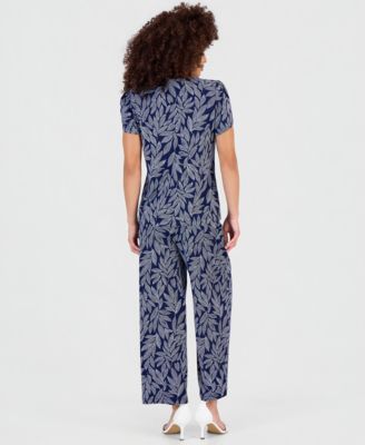 Petite Printed Tulip-Sleeve Top & Printed High Rise Pull-On Pants