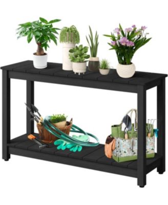  2-Shelf Console Table, Indoor Outdoor 2-Tier Patio Buffet Table with Adjustable Foot Pad, Wooden Bar Storage Organizer