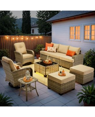 9 Pieces Wicker Outdoor Patio Furniture Set,Rattan Modular Sectional Sofa,Outside Swivel Rocking Chairs Coversation Set with Side Table