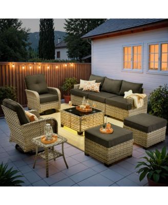 9 Pieces Wicker Outdoor Patio Furniture Set,Rattan Modular Sectional Sofa,Outside Swivel Rocking Chairs Coversation Set with Side Table