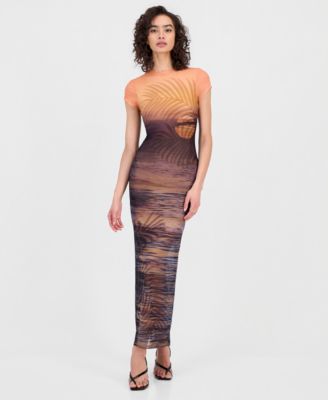 Women's Short-Sleeve Beach Sunset Mesh Maxi Dress