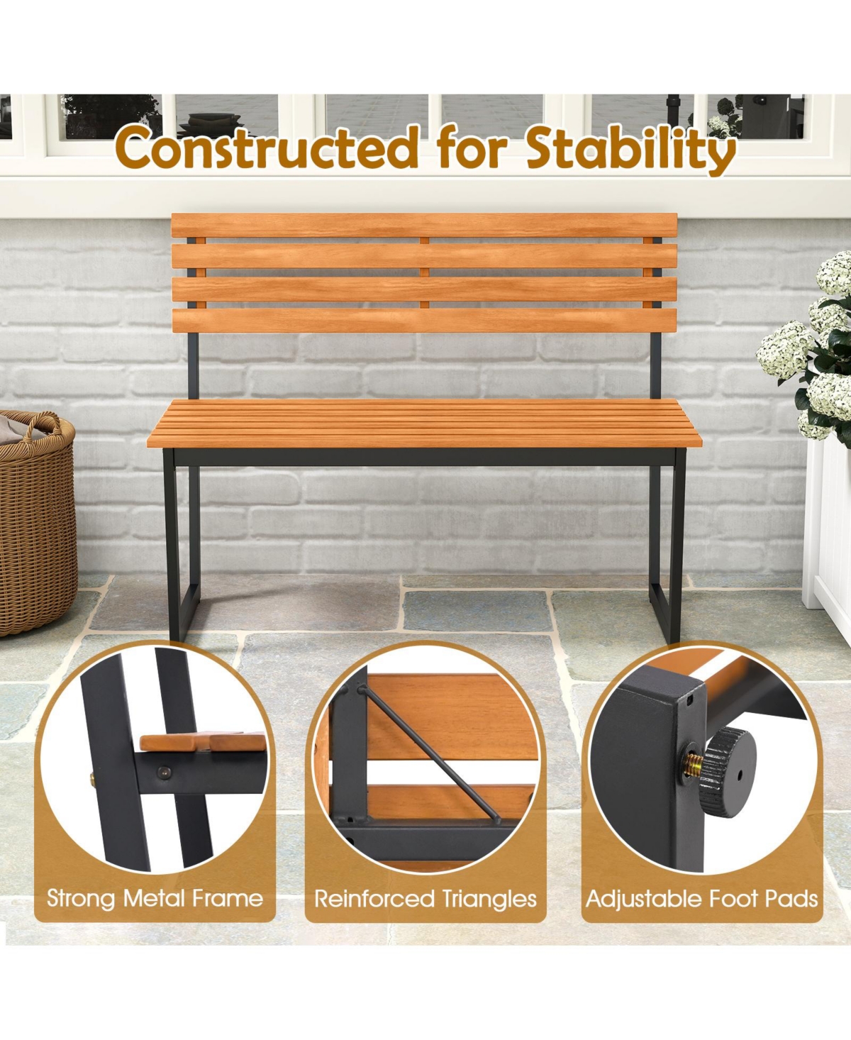 Gymax Outdoor Bench Acacia Wood Patio Loveseat w/ Backrest & Heavy Duty Metal Frame