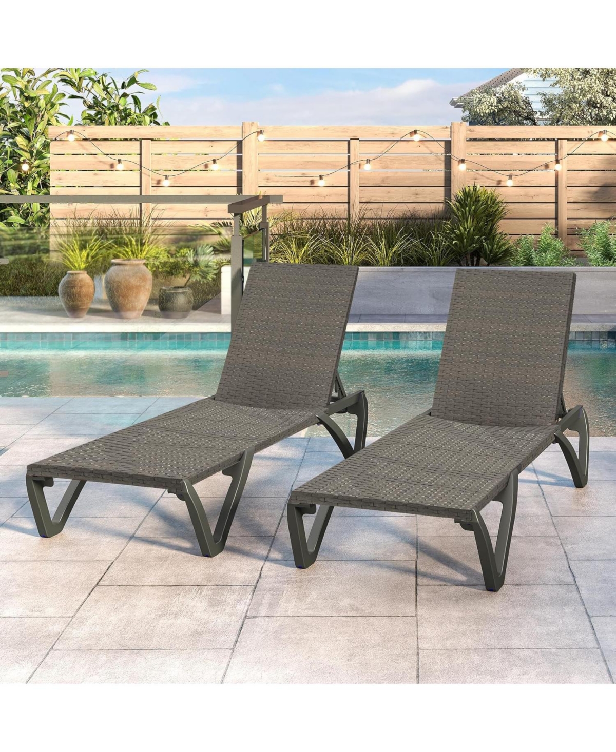 Clihome Pool Lounge Chairs Set of 2, Wicker Adjustable Outdoor Chaise Lounge with Wheels, Poolside Chairs
