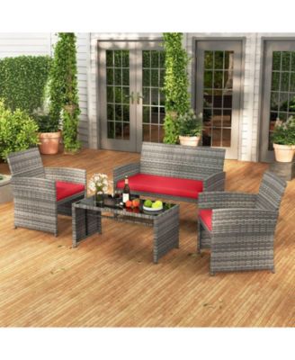 8 Piece Patio Furniture Set Outdoor Wicker Conversation Set w/ Tempered Glass Coffee Table