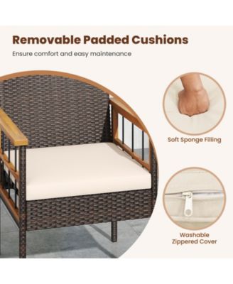 Set of 2 Patio Dining Chairs w/ Removable Padded Cushion Acacia Wood Armrests