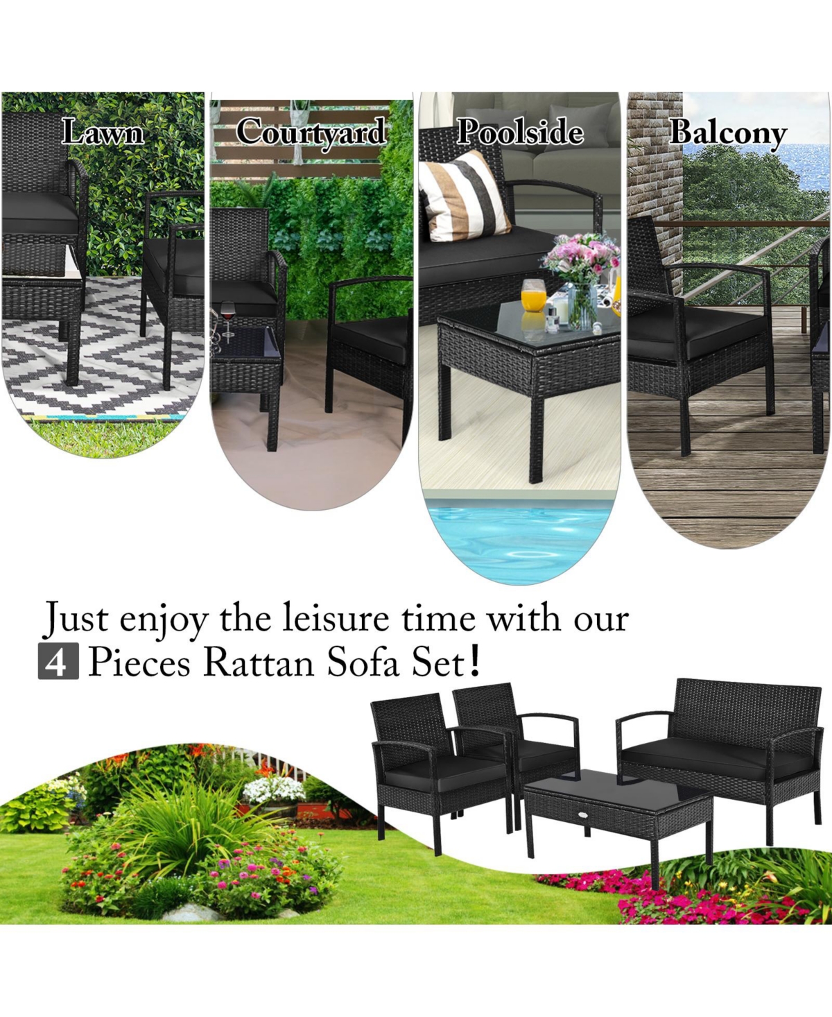 Gymax Set Of Outdoor Patio Rattan Furniture Set Cushioned Sofa Coffee Table Garden Deck