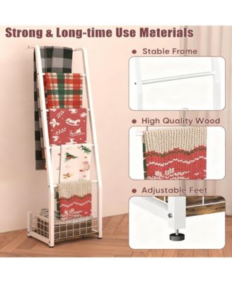 Rustic 5-Tier Blanket Ladder with Basket for Living Room & Bedroom