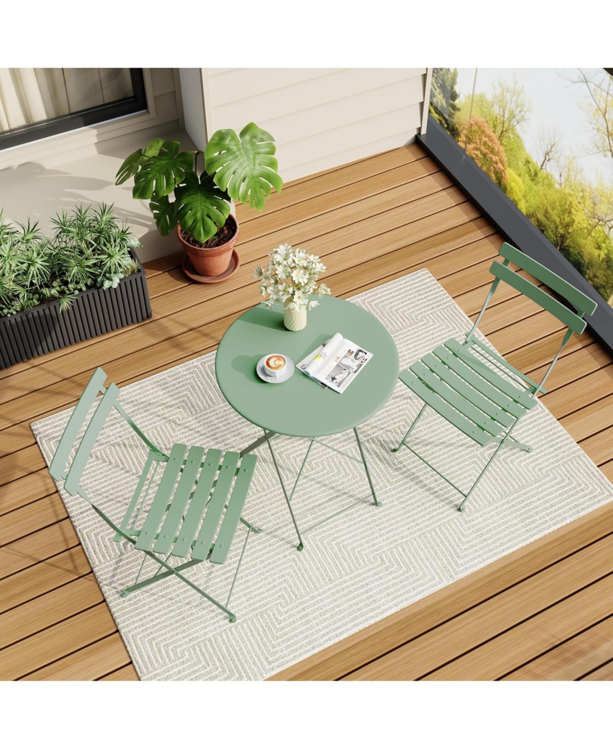 gaomon 3 Piece Patio Bistro Set with Round Table & Folding Chairs, Compact Outdoor Furniture for Porch, Balcony, Garden