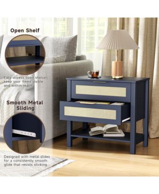 Rattan Nightstand - Bedside Table with 2 Drawers, Open Storage Shelf and Gold Drawer Handles for Bedroom, Living Room, Hallway