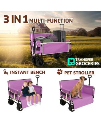Convertible Folding Wagon Cart - Heavy-Duty Utility Wagon with Bench Seat, All-Terrain Wheels and Storage for Camping, Beach, Garden