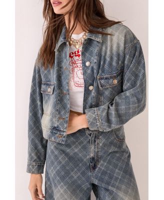Women's Check Denim Distressed Jacket