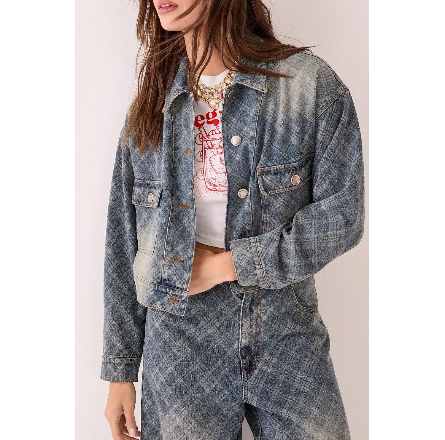 Women's Check Denim Distressed Jacket