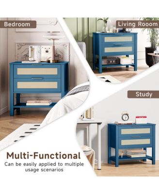 Rattan Nightstand - Bedside Table with 2 Drawers, Open Storage Shelf and Gold Drawer Handles for Bedroom, Living Room, Hallway