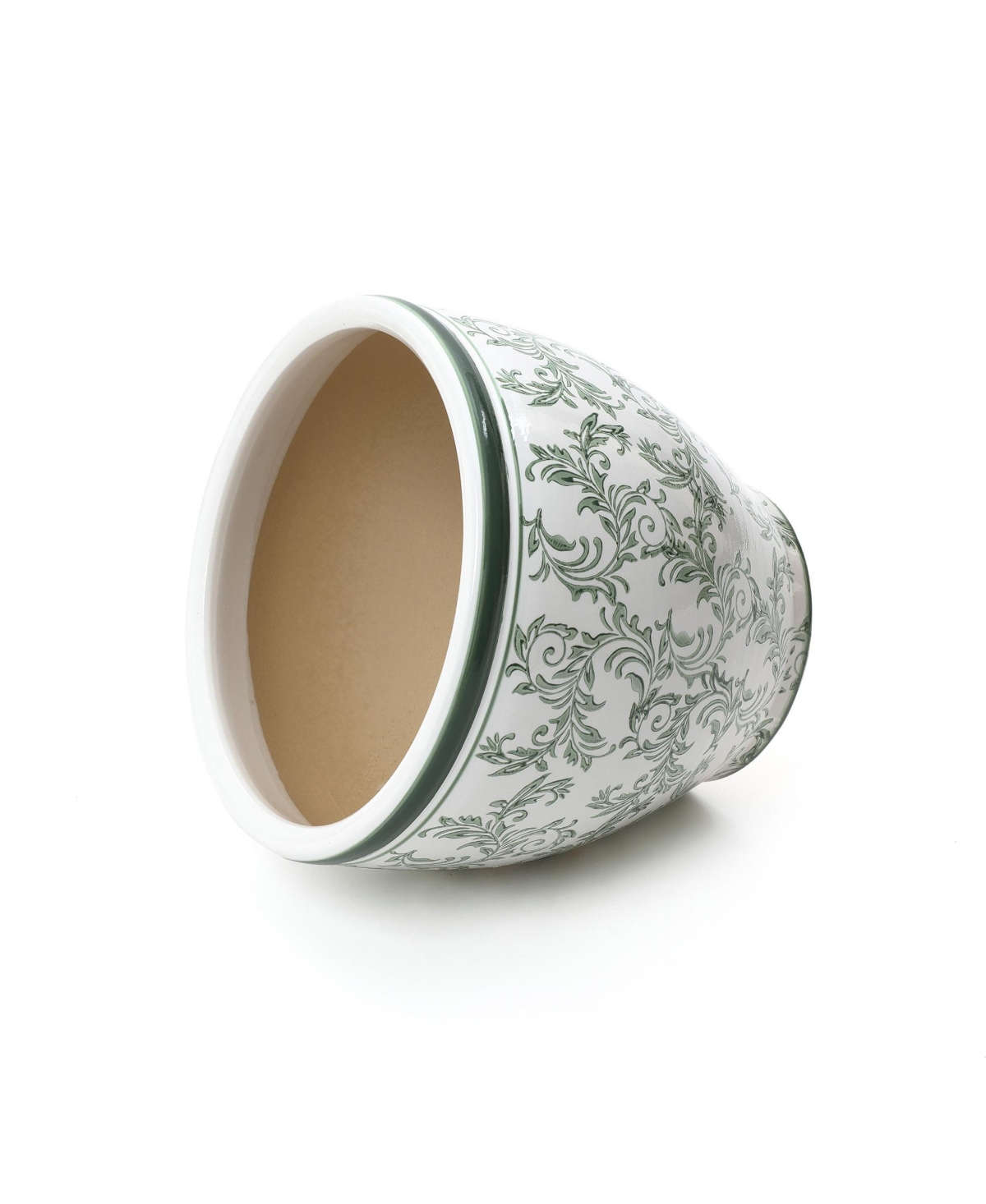 LuxenHome Green Paisley Ceramic Planter, 15.55" Round, Indoor & Outdoor Flower Pot