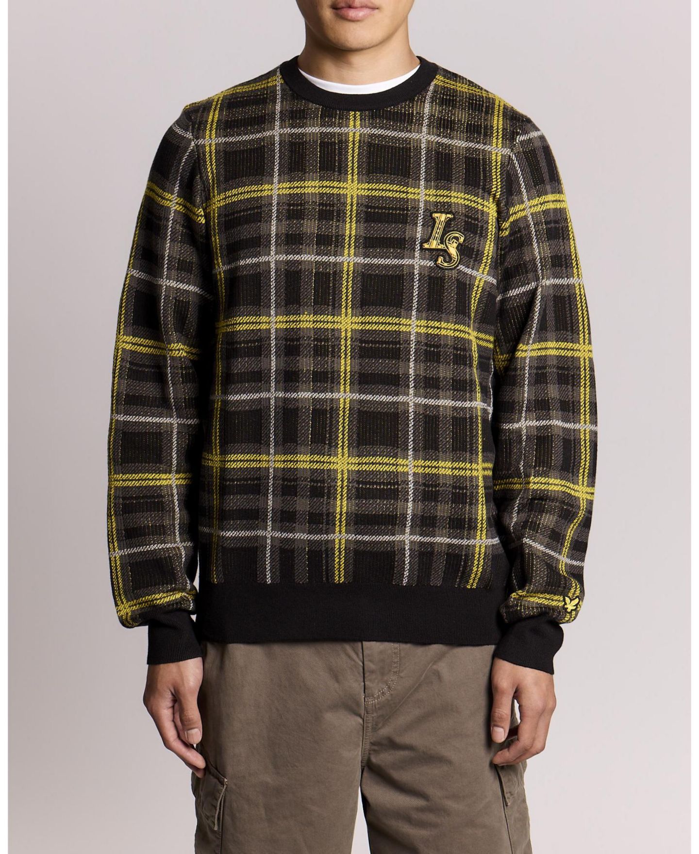 Мужской джемпер Lyle & Scott в рубчик с жаккардом в шотландскую клетку, круглый вырез, цвет: Угольно-чёрный — фото 3