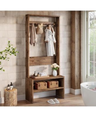70.8” Tall Freestanding Coat Rack with Shoe Bench, 7 Hooks & 2 Shelves, Wood Hall Tree with Bench and Shoe Storage