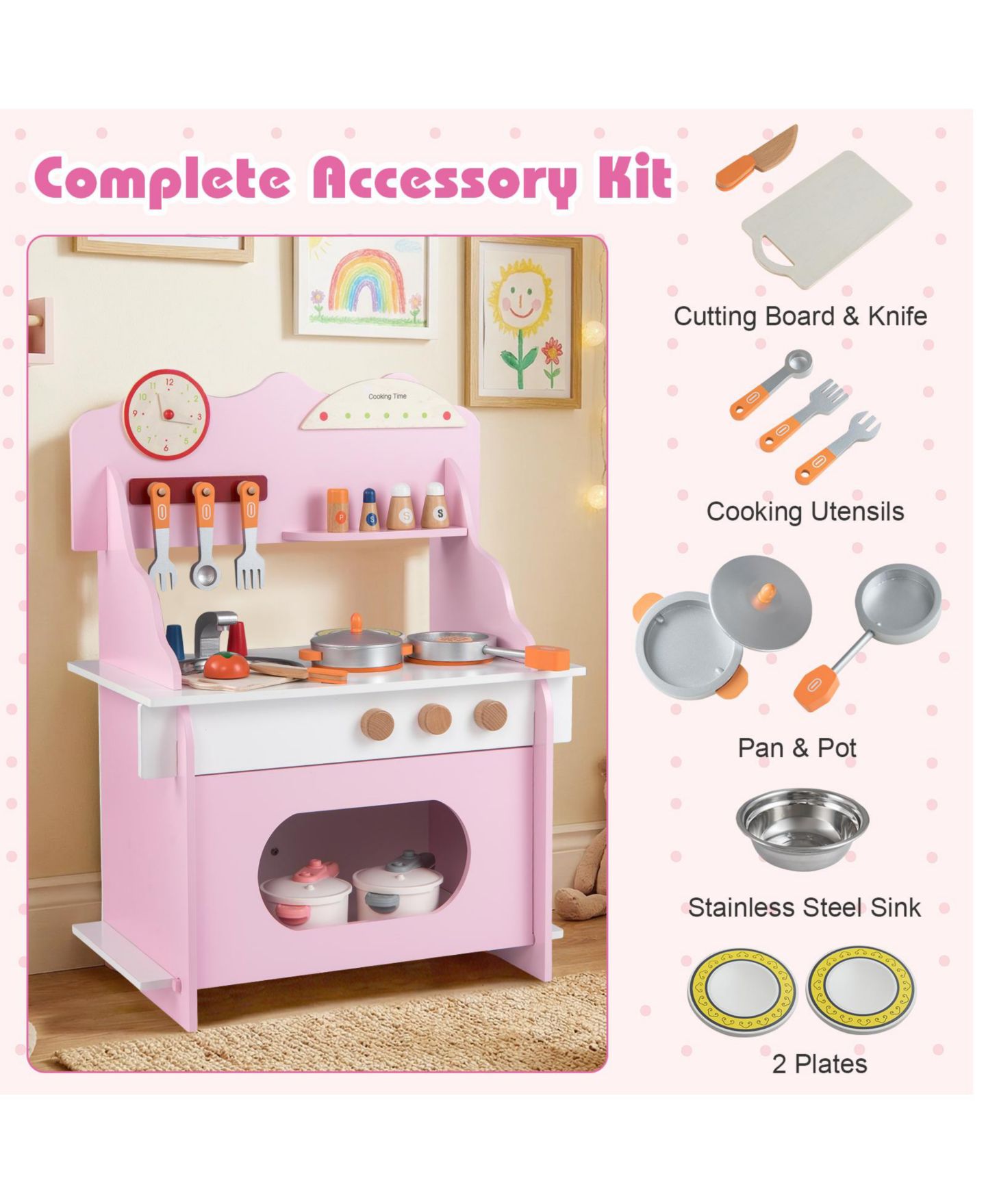 Детские игрушки Mecale Double-Burner Wooden Play Kitchen with Clock, 12-Piece Set, Ages 3+, цвет: Розовый — фото 8