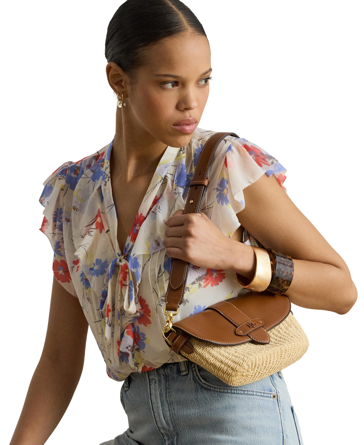 Lauren Ralph Small Lynden Straw-Leather Shoulder Bag